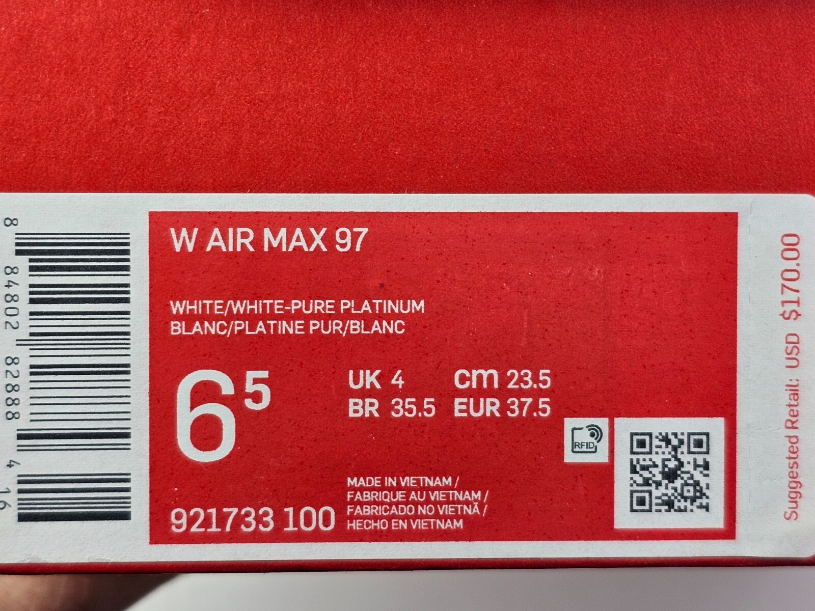 EUC! WMNS NIKE AIR MAX 97 WHITE-WHITE-PURE PLATINUM SZ 6.5 [921733-100]
