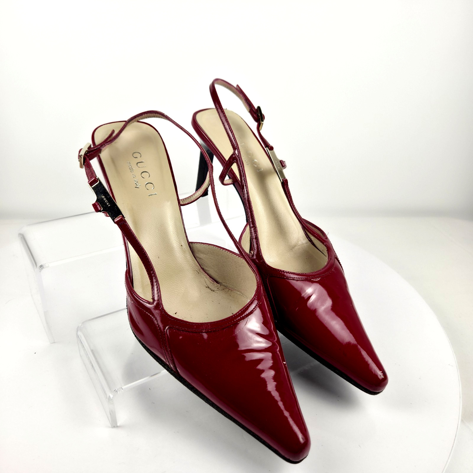 Gucci Red Patent Leather Slingback Pointed Toe Heels Womens 7B Vintage