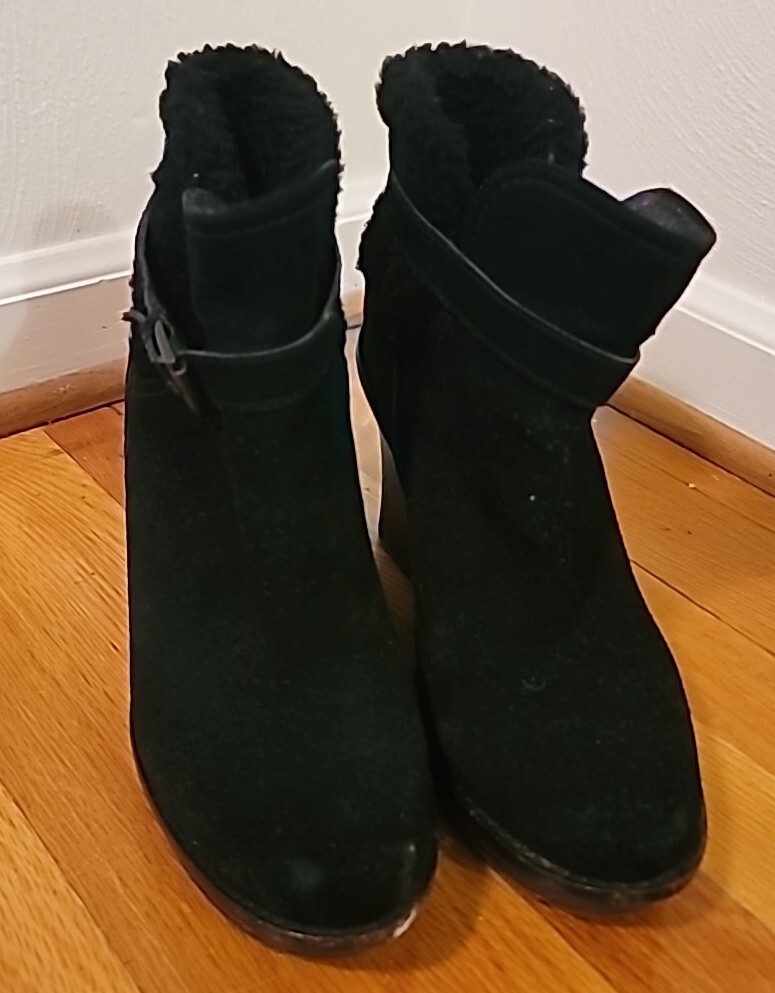 UGG Australia Brown Black Suede Shearling Fur Anais Wedge Bootie US 9 M