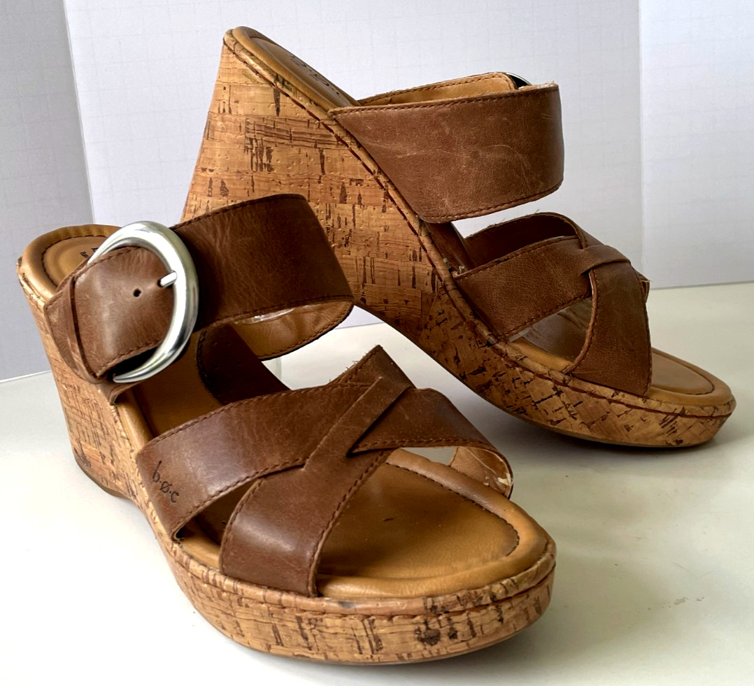 Born boc Women’s Sandals Brown Leather Size 10M US Boho Cork Wedge 3.75 in. heel
