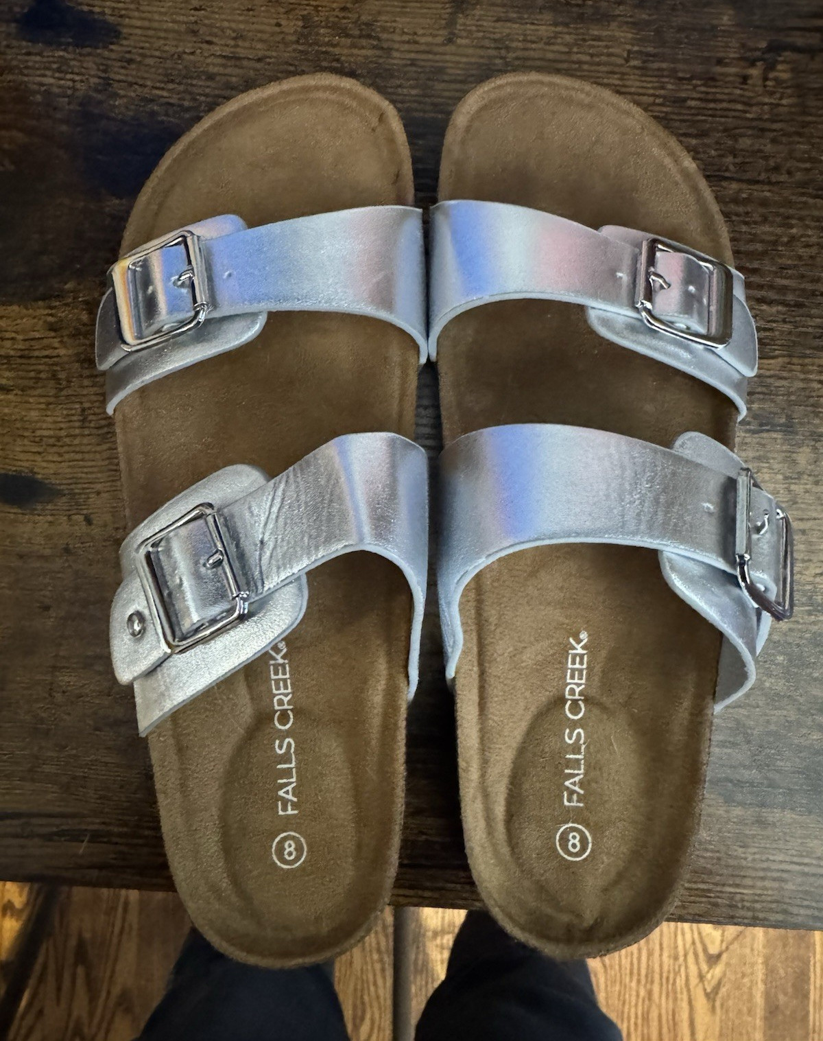Falls Creek Women’s Silver Slide Sandals Double Buckle Adjustable Straps 8