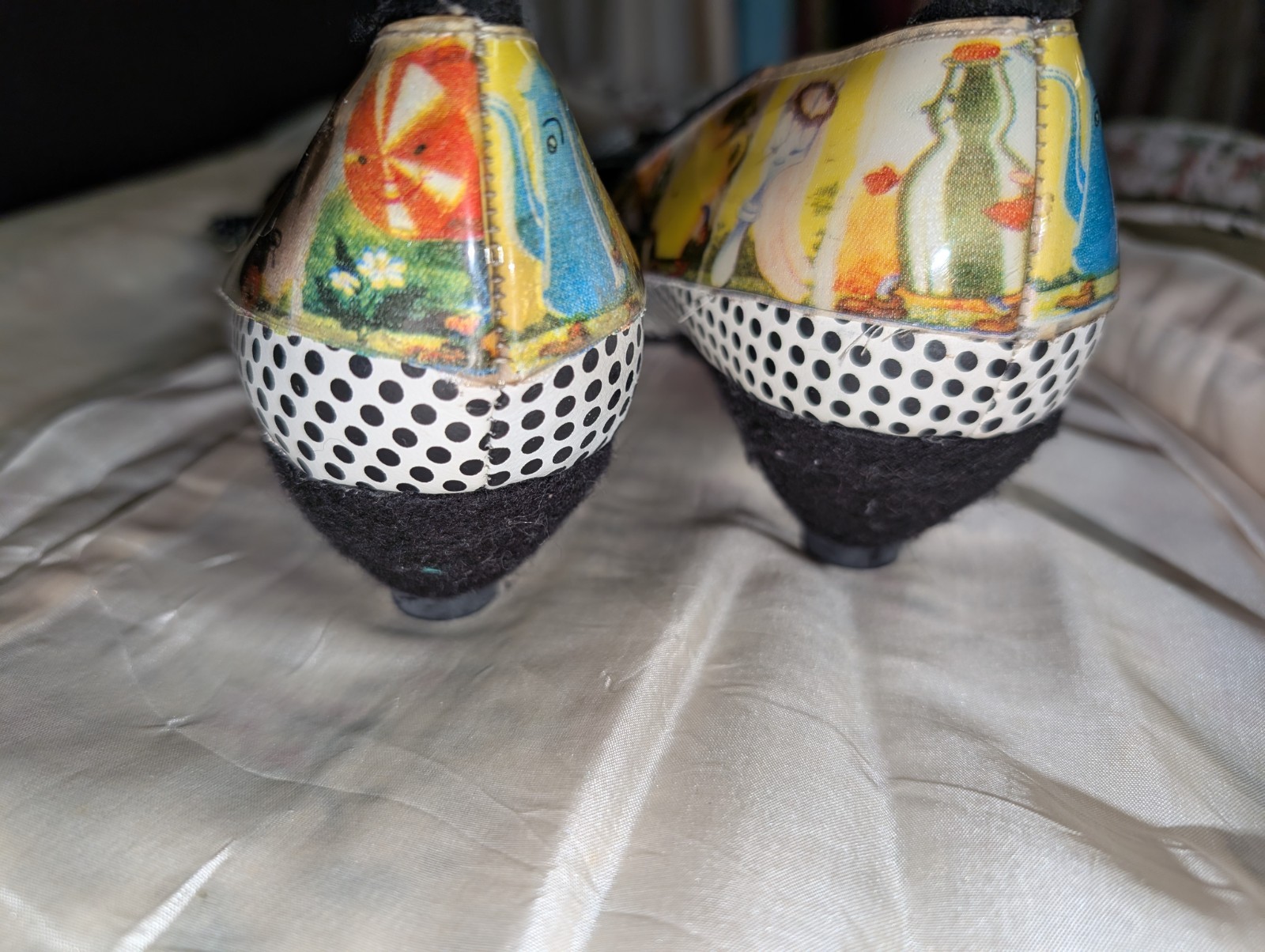 Black White Polka Dot Spoon Teapots Kitten Heels Irregular Choice 8.5-9