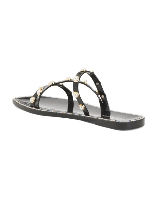 STEVE MADDEN Pearl Embellishment Studded Flat Slide Sandals-Black~or~Blush