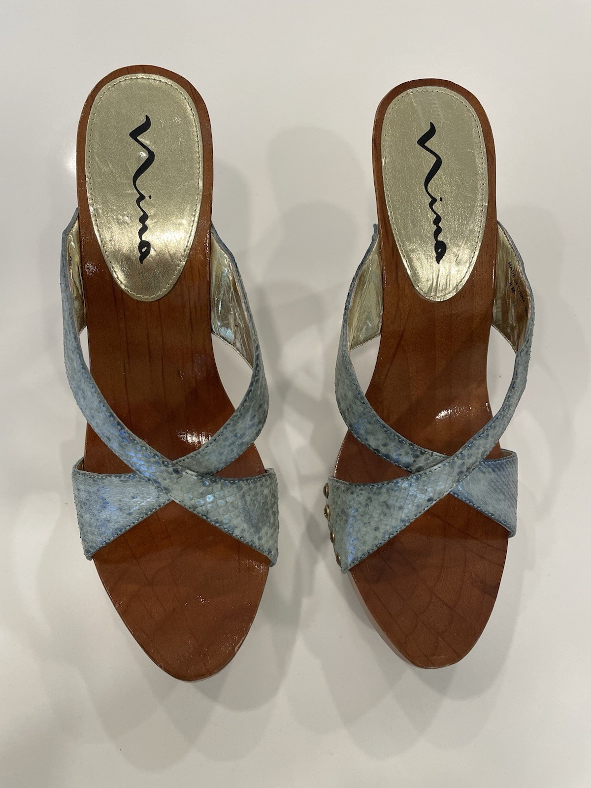 Nina Slide Heels Aqua Metallic Snake VTG Size 8M