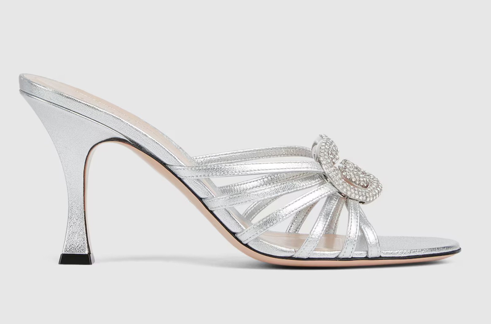 Gucci Interlocking G 85mm Silver Leather Crystal GG Logo Heel Mule Sandal 40