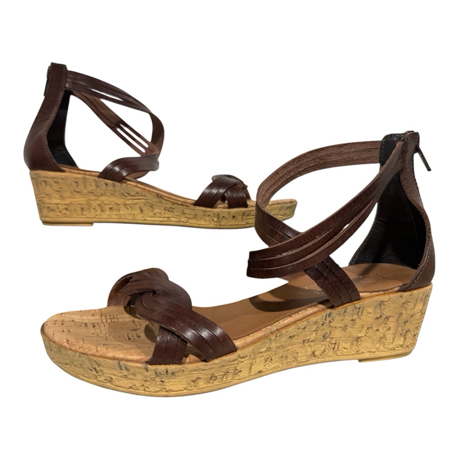 Kokka Handmade Brown Leather Cork Platform Wedges / Gladiator Sandals EU Size 38