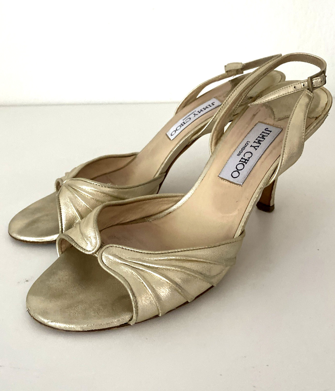 Jimmy Choo Gold King Slingback Sandal Open Toe Leather Slim Heel 39