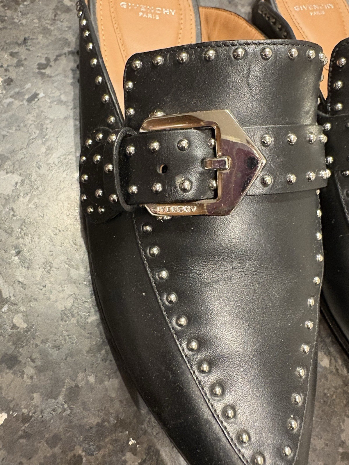 Givenchy Elegant Women US 6 EUR 36.5 Black Leather Slip-On Pointed Studded Mules