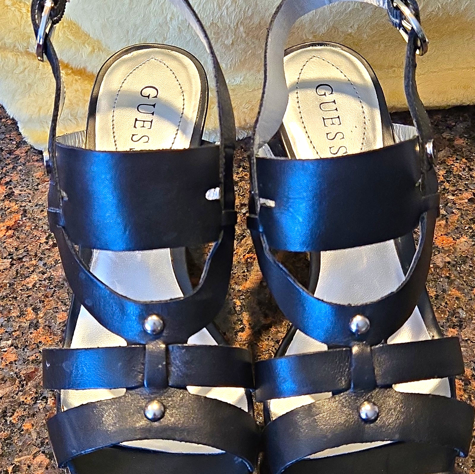 GUESS Women’s Black Leather Strappy Studded Wedge Sandals Ankle Strap 8