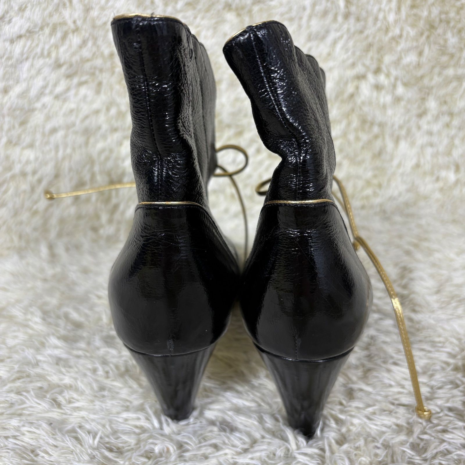 Emilio Pucci Booties Patent Leather Black Bow Pointed Toe EU36.5