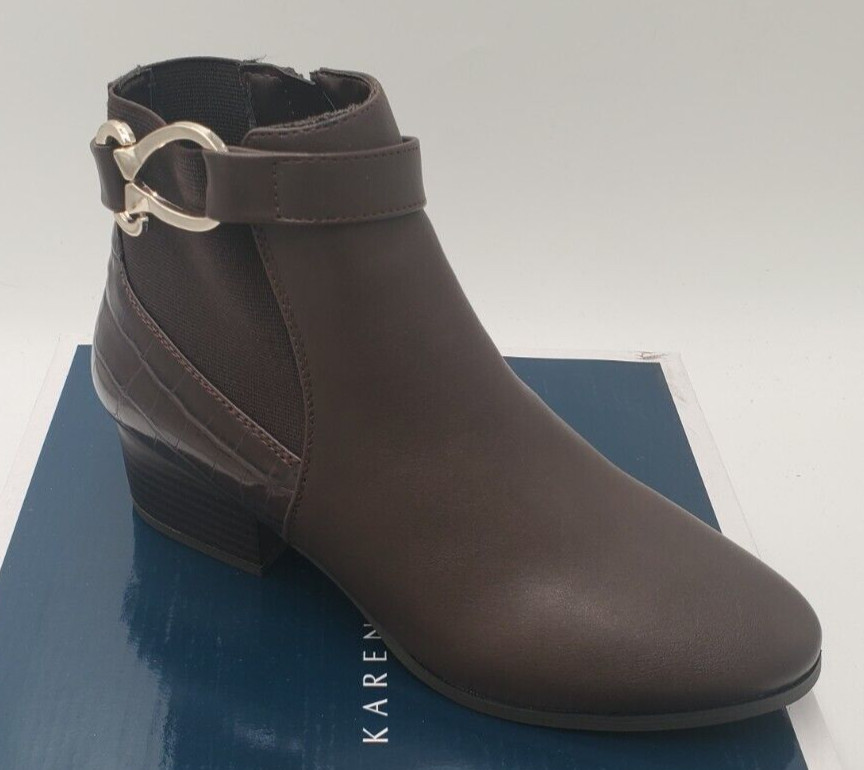 KAREN SCOTT 5 M Women Brown Strap Goring Nadine Almond Toe Block Heel Booties