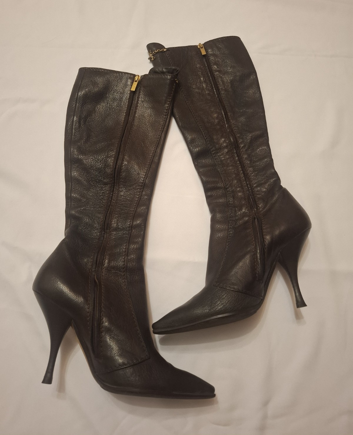 Yves Saint Laurent Brown Leather Knee High Full Zip Stiletto Boots EU 37