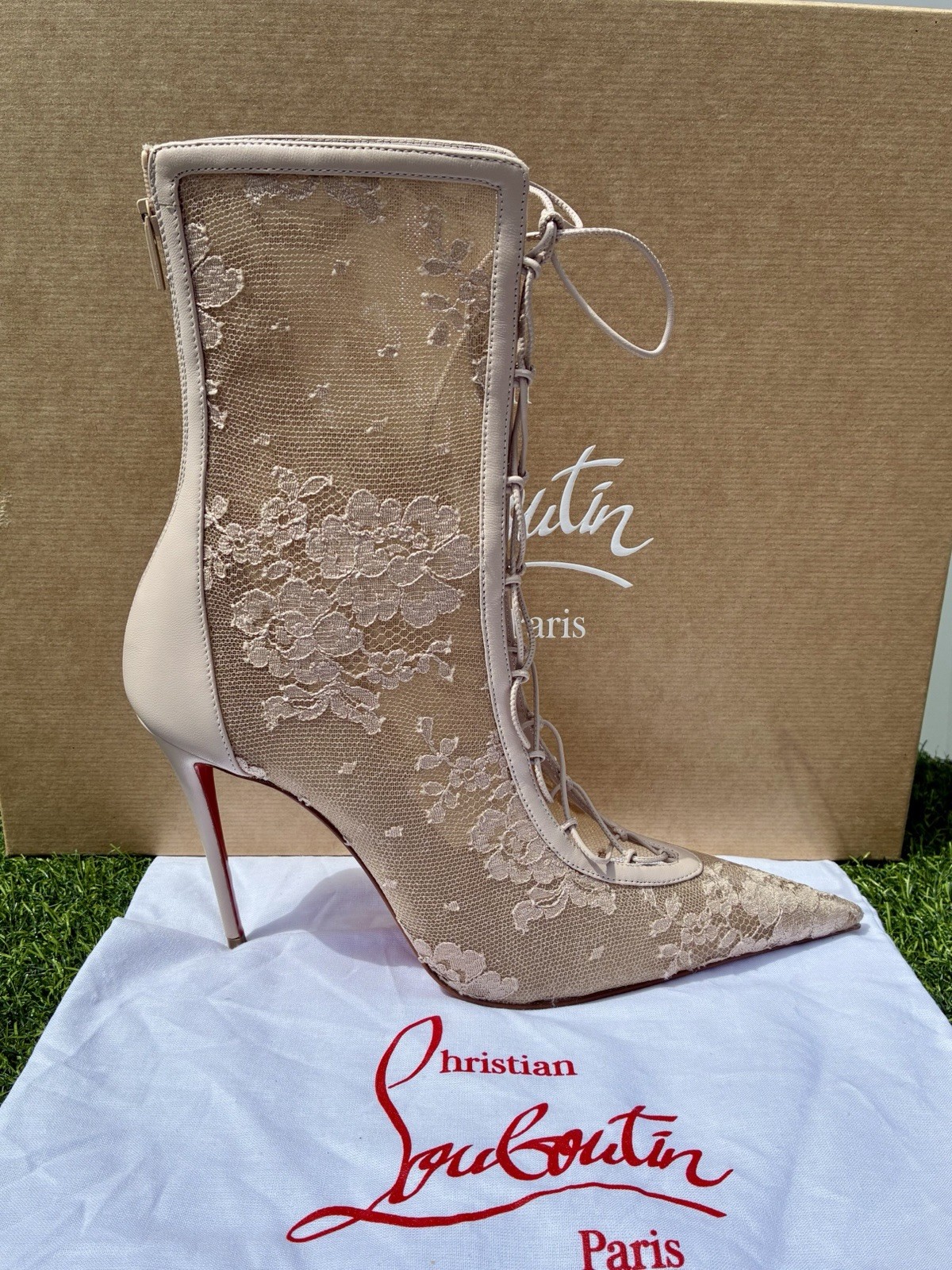 CHRISTIAN LOUBOUTIN KM LACE BOOTY 100 CORSET ANKLE STILETTO IVORY BOOTIE SZ 40