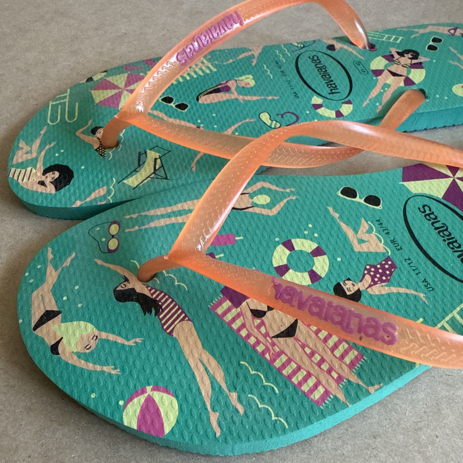 Havaianas Slim Green Pool Party Design with Orange Gel Straps 41/42 – New