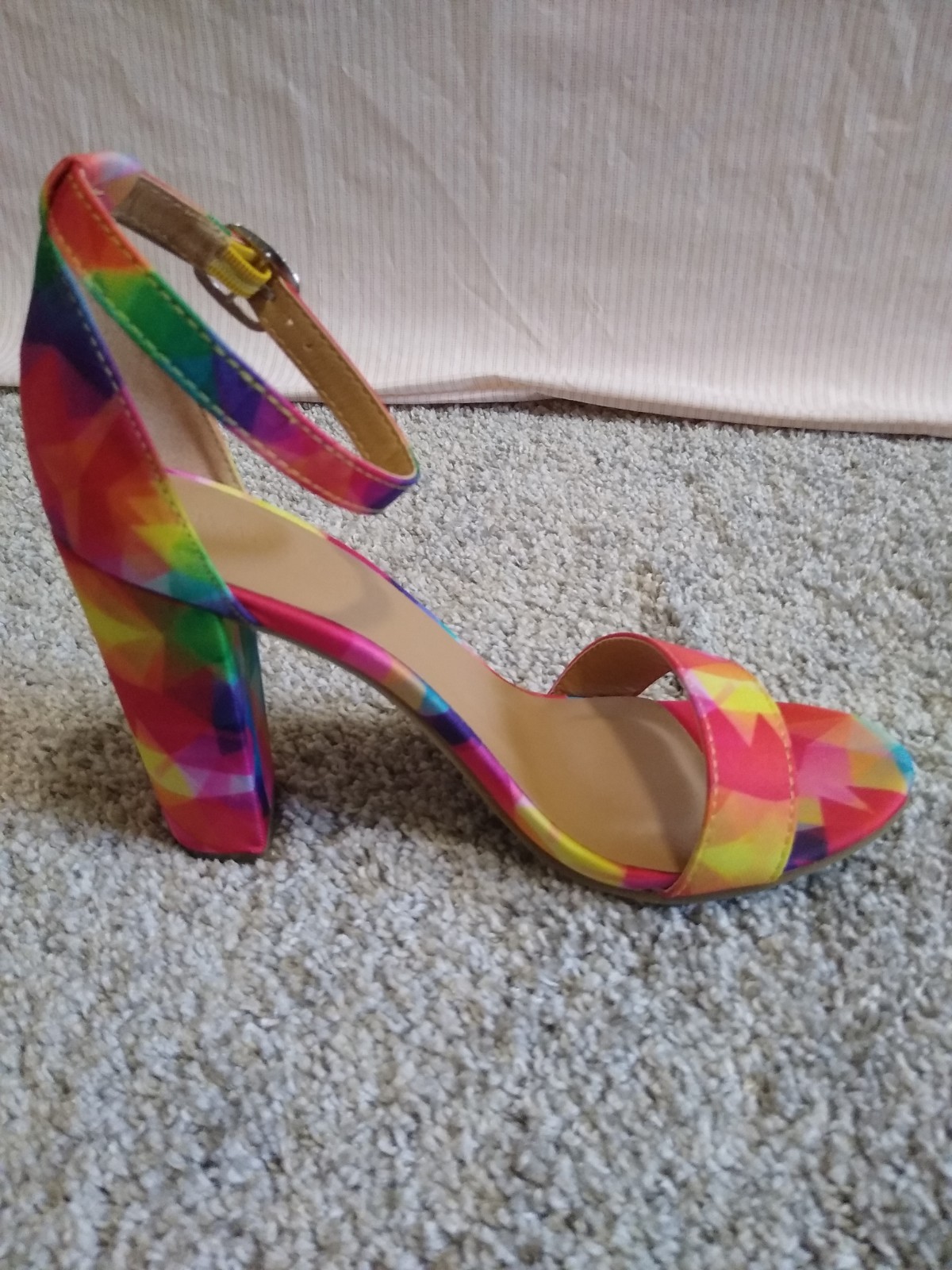 Y2K High Heels Rainbow Chunky Heels Sandals Textured Fabric Vintage Heels NIB 7