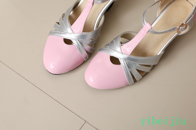 Women’s T Strap Patchwork Kitten Heel Cut Out Sweet Candy Leather Shoes Two Tone