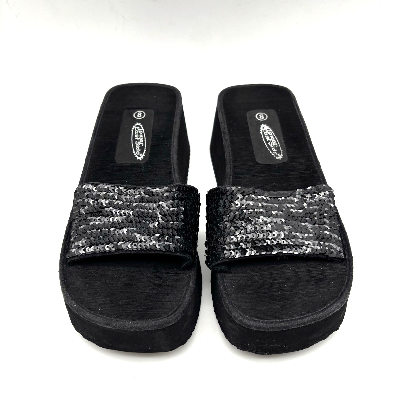 Vintage 90s Y2K Lower East Side 10706 Black Platform Sequin Strap Slide Sandal 8