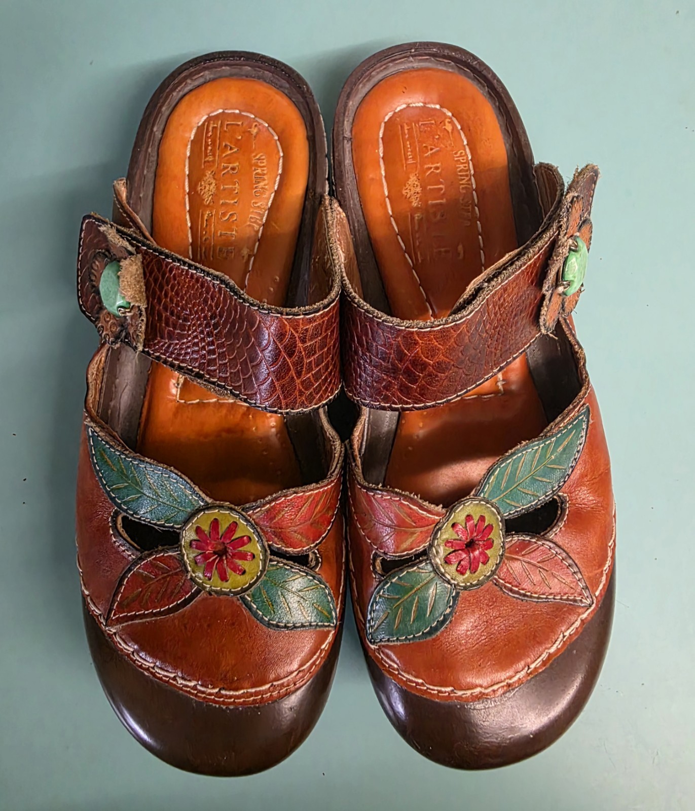 Spring Step L’Artiste Gladiolus Floral Leather Mule Red Brown EU Size 39 US 8.5