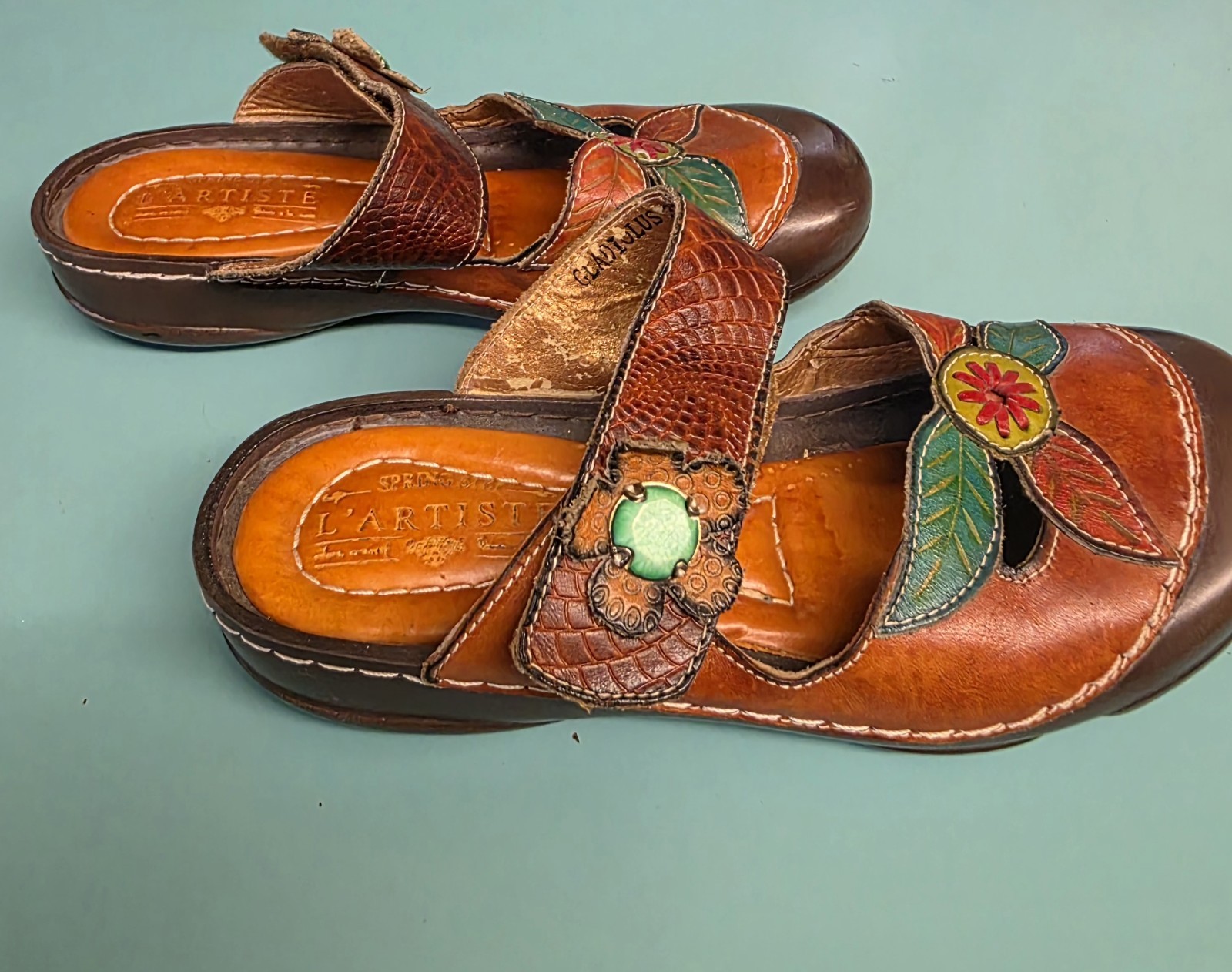 Spring Step L’Artiste Gladiolus Floral Leather Mule Red Brown EU Size 39 US 8.5