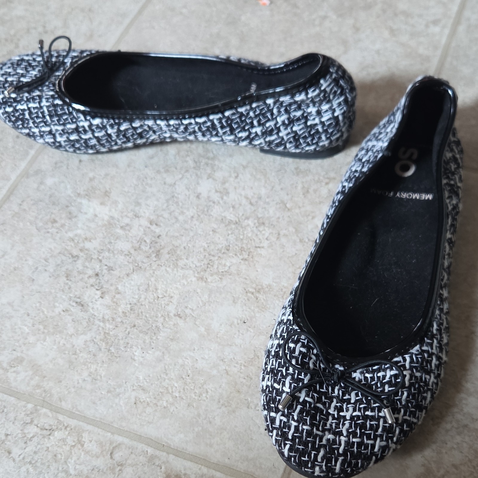 SO Women’s Tweed Ballet Flats Black/White Bow Slip-On Round Toe US 6 M