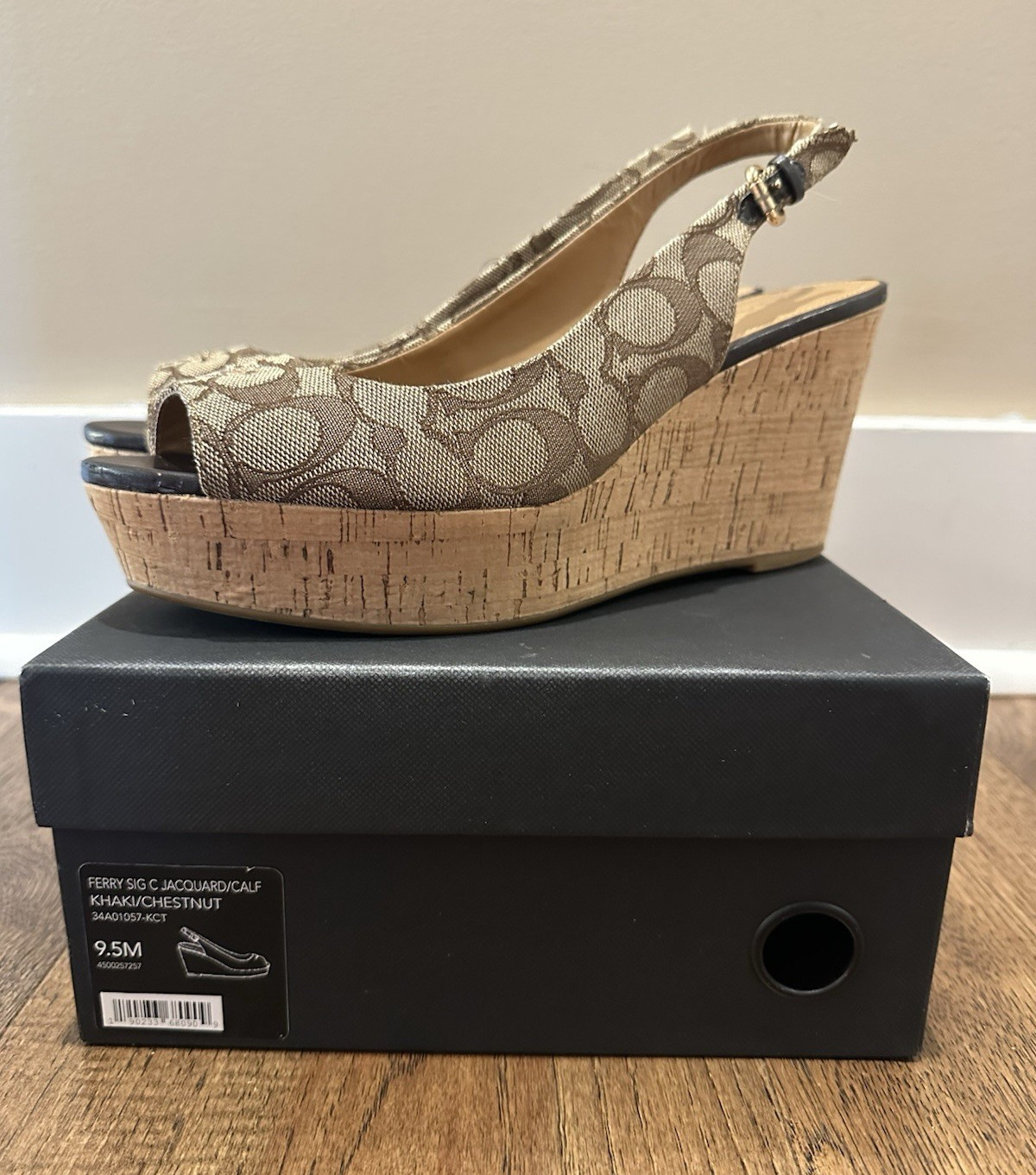 Coach Signature Jacquard Slingback Wedge Sandals Buckle Logo Khaki/Chestnut 9.5M