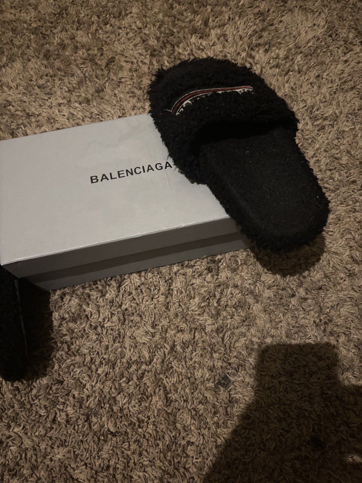 Balenciaga Black Fur Logo Slide Sandals Unisex Adults US 9.5