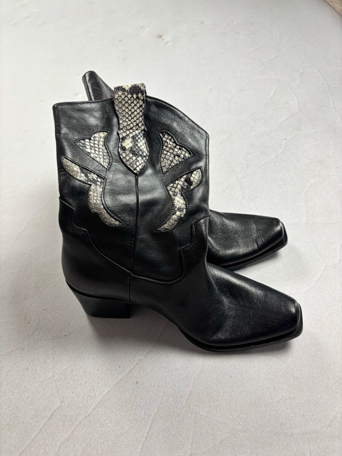 Vintage Italian Leather Cowboy Boots Python Inlay Western Biker Y2K EU 38 Rare
