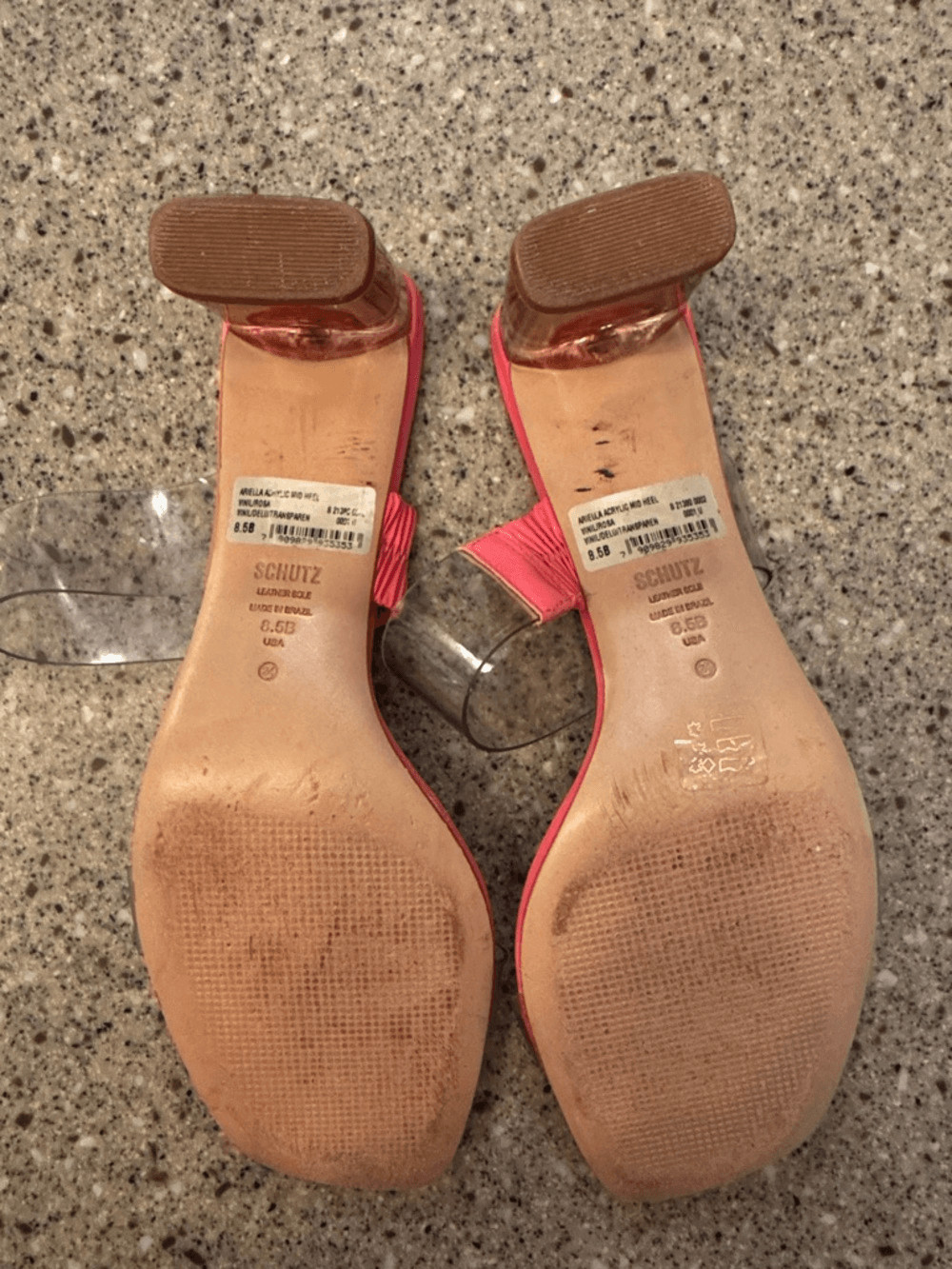 SCHUTZ Ariella Acrylic Mid Heel Mule Sandal Clear Vinyl Strap Pink