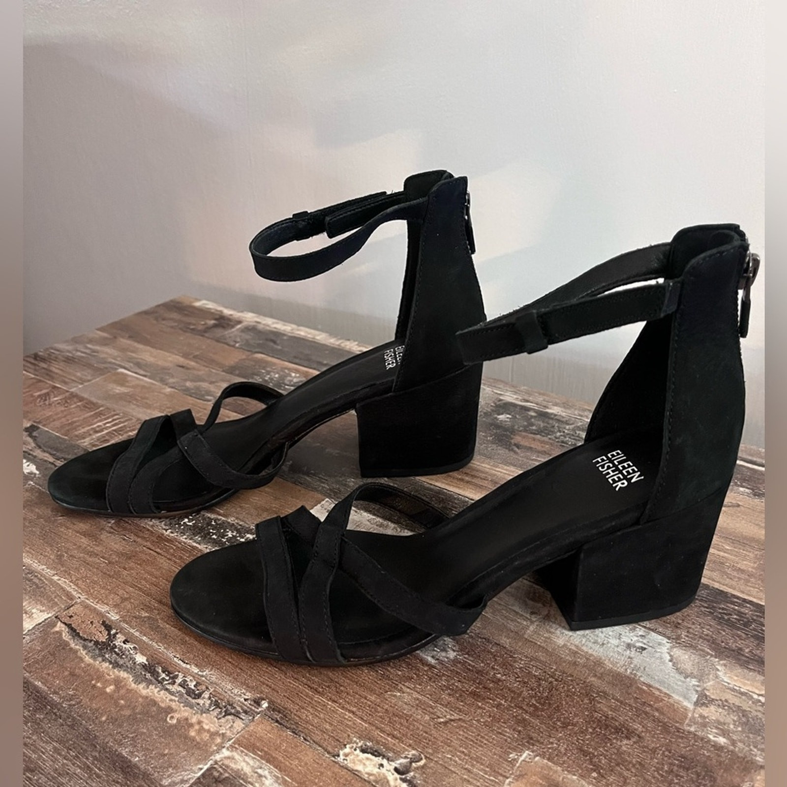 Eileen Fisher Black Jazzy Heeled Sandals Ankle Strap Women Sz 8 Zipper Hook Loop