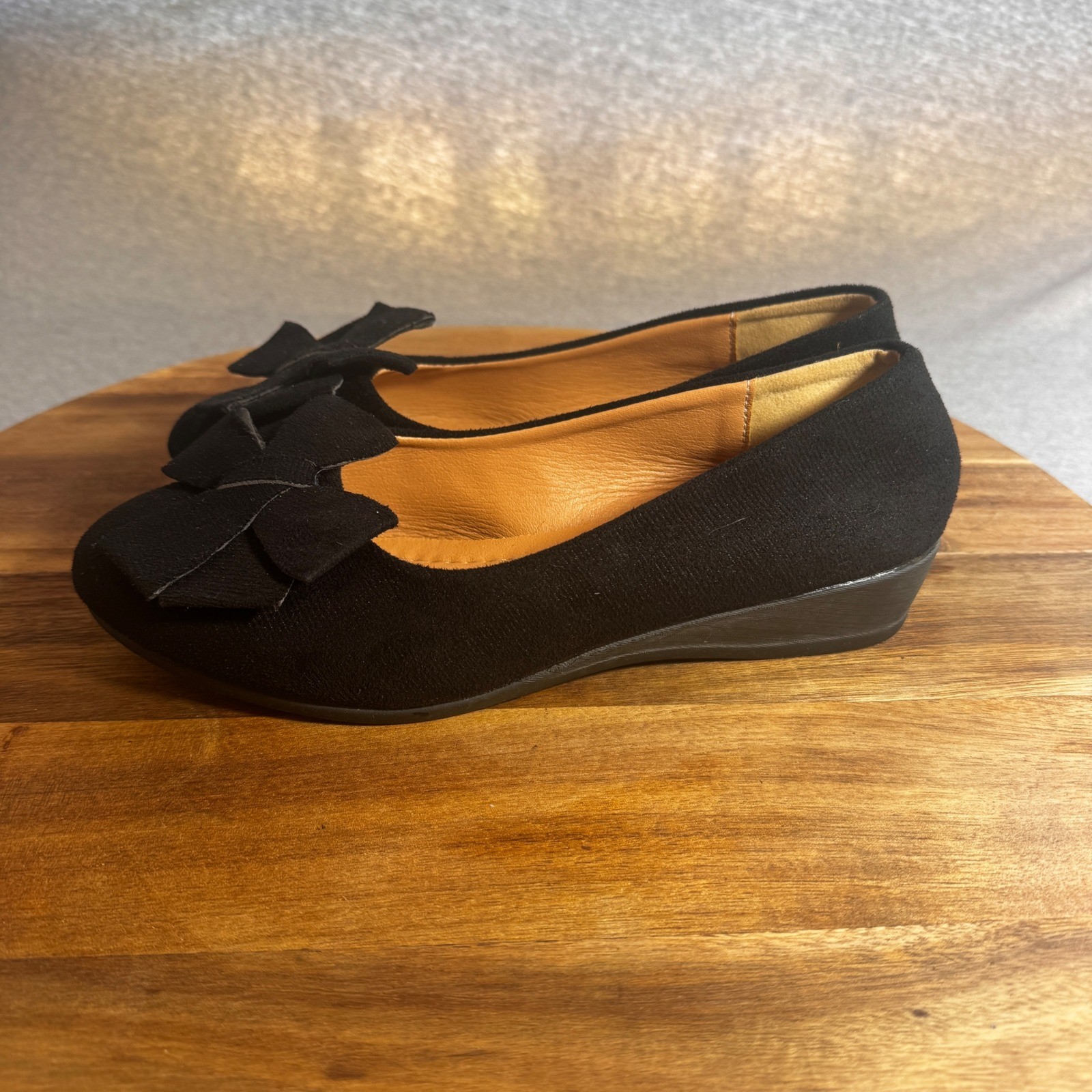 Black Bow Wedge Pumps Round Toe Low Heel Faux Suede Dress Shoes Size 40