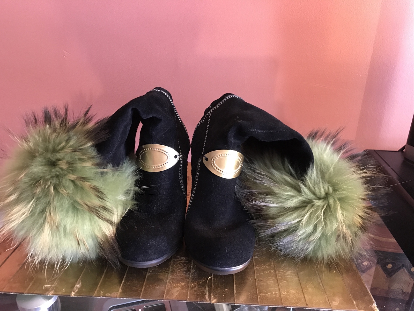 Handmade GORGEOUS BLACK SUEDE & FOX NATURAL FUR wedge BOOTS sz US 7.0