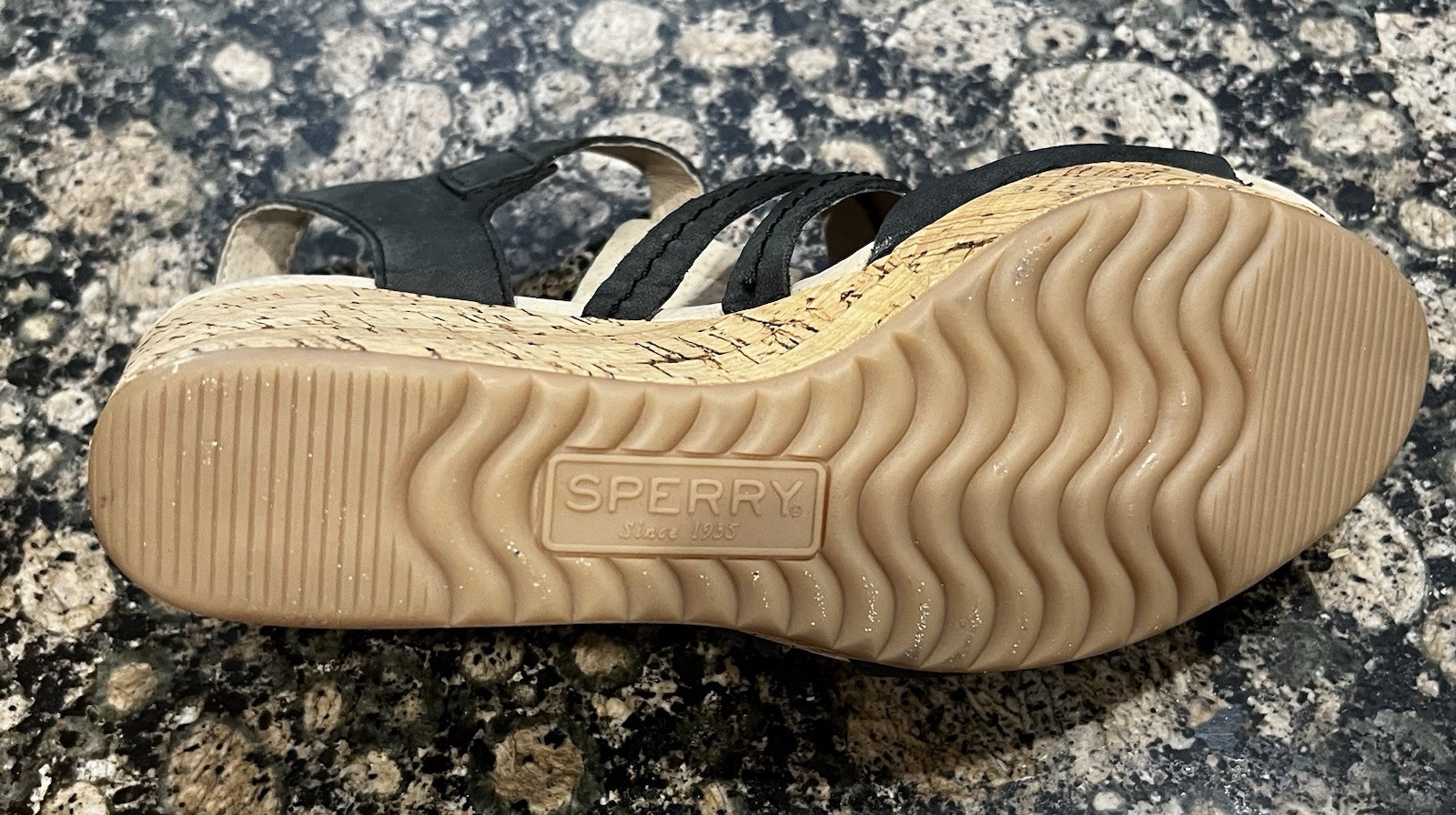 Sperry Top-Sider Women’s Strappy Wedge Sandals Leather Buckle Black/Beige 8M