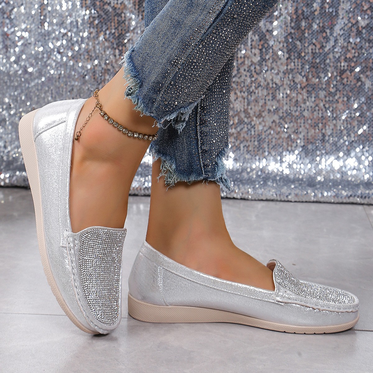 Men’s Loafers Flat Glitter Rhinestone Round Toe Causal Mary Janes Shoes Slip On
