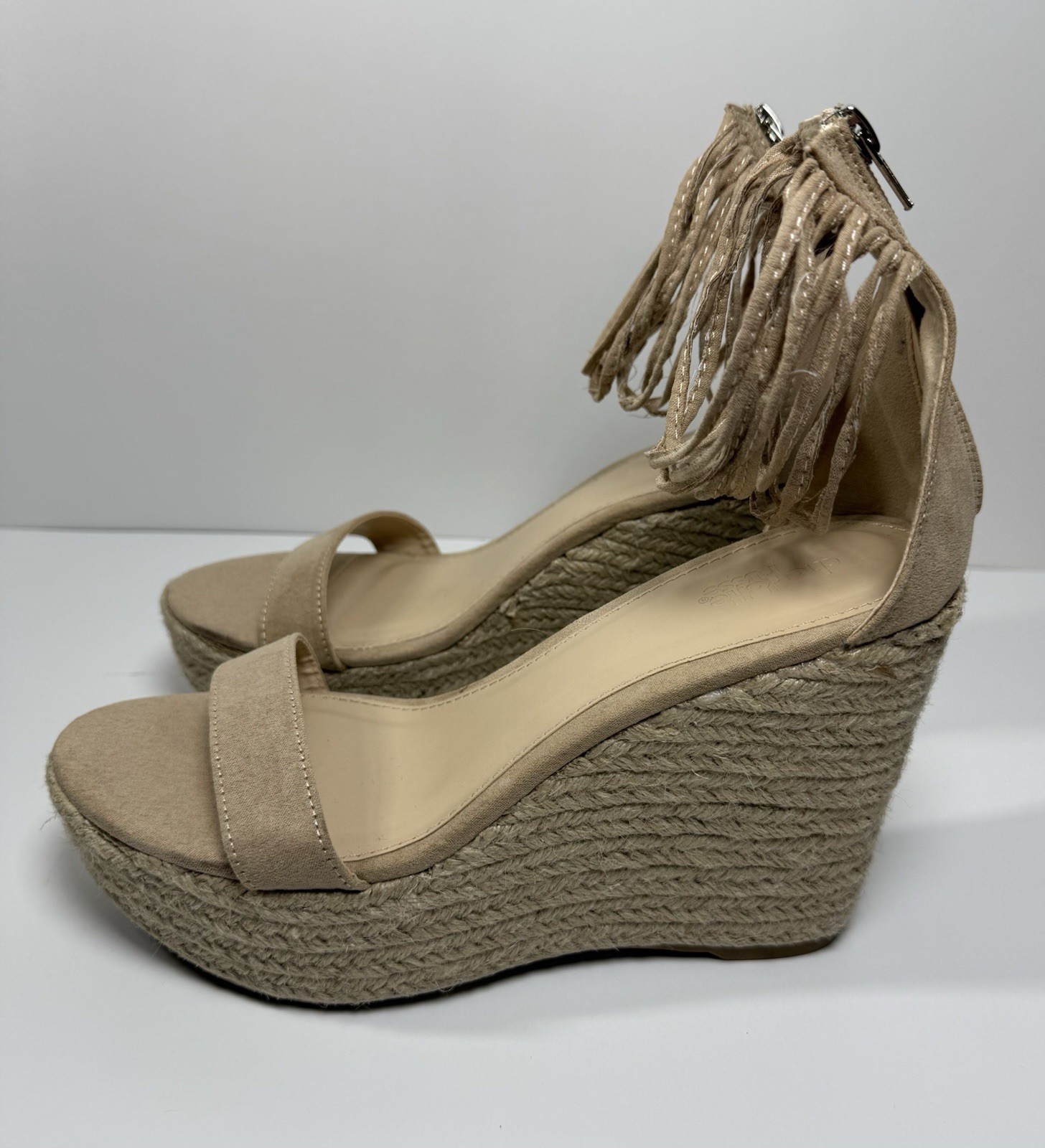 Beige Fringe Espadrille Wedge Sandals Zipper Ankle Strap Fabric Women Size 8