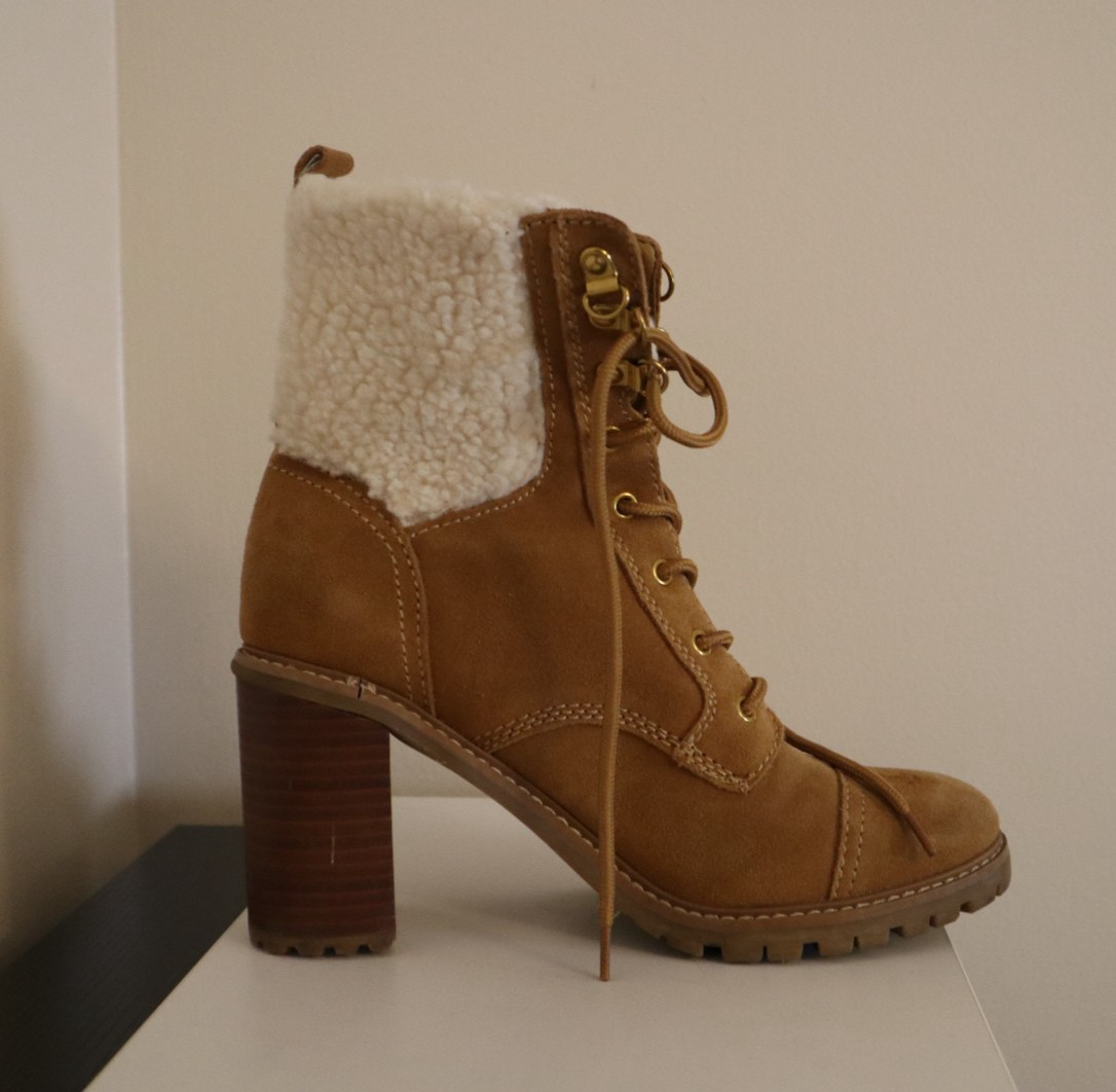 NINE WEST Boots 8 M Phaedra Lace-Up Suede Block High Heel Combat Natural Brown
