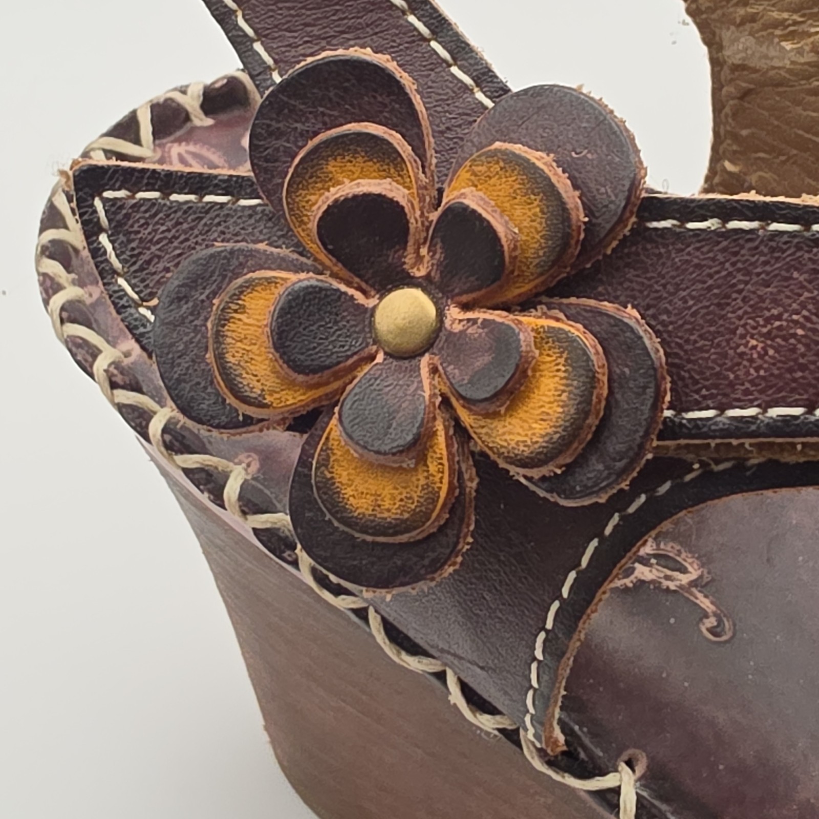 L’Artiste by Spring Step Lilith-BR Brown Leather Floral Wedge Sandals Women’s 39