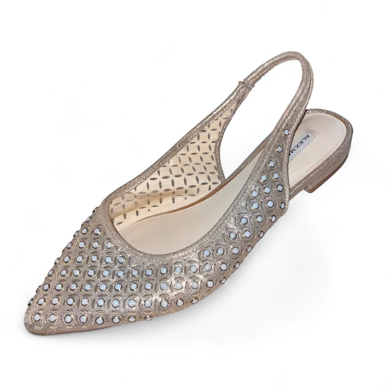 NWOT Alex Marie Labella Sling Back Flats Gold Metallic Pearl Studded size:6.5