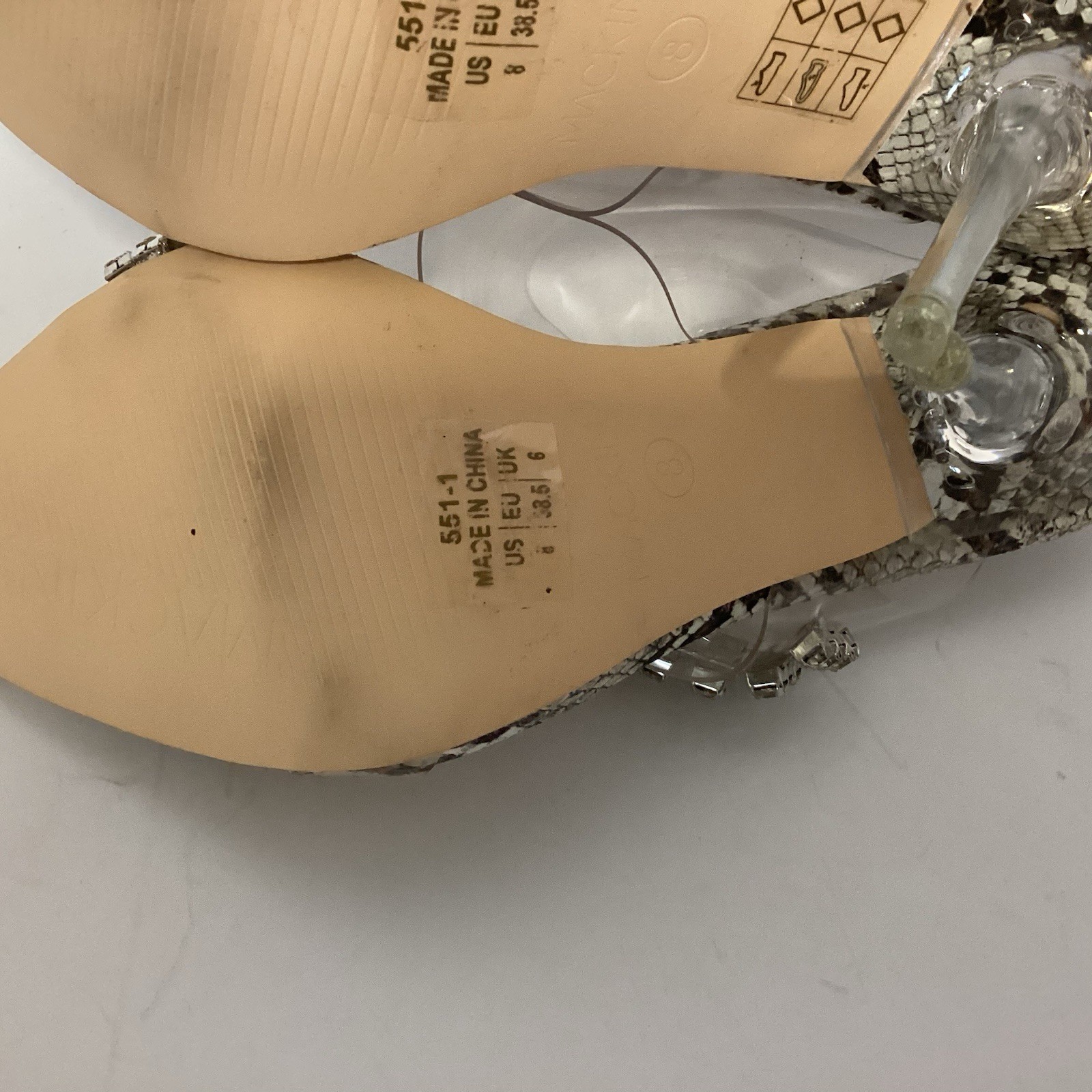 MACKIN J Clear Rhinestone Transparent Strap High Stiletto Heels Sandals Sz8-Prom