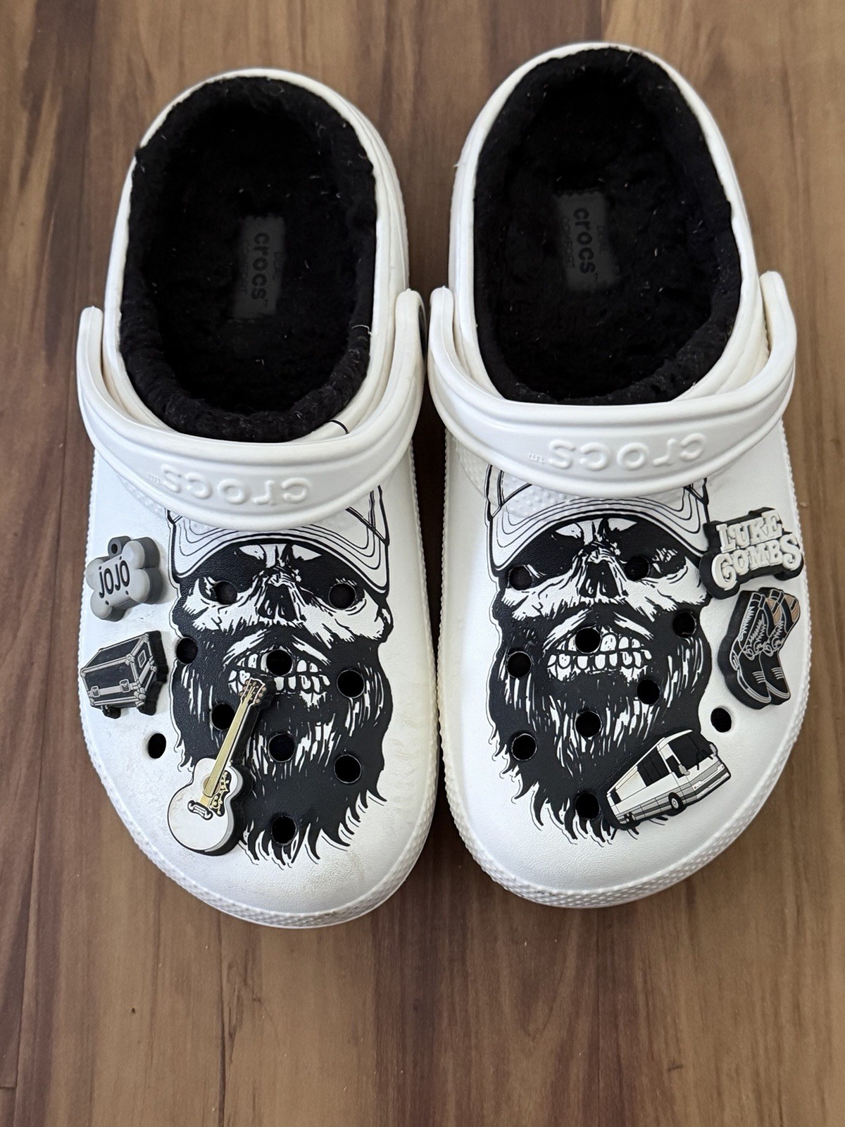 Luke Combs X Classic Lined Crocs Skully W8/M6 White Black Clogs W/Custom Jibbiz