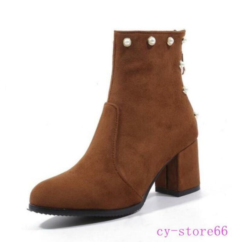 Womens Pearls Zipper Ankle Boots High Chunky Heel Casual Suede Shoes Clubwear