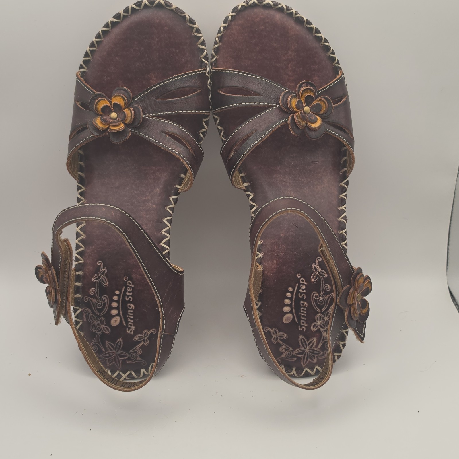 L’Artiste by Spring Step Lilith-BR Brown Leather Floral Wedge Sandals Women’s 39