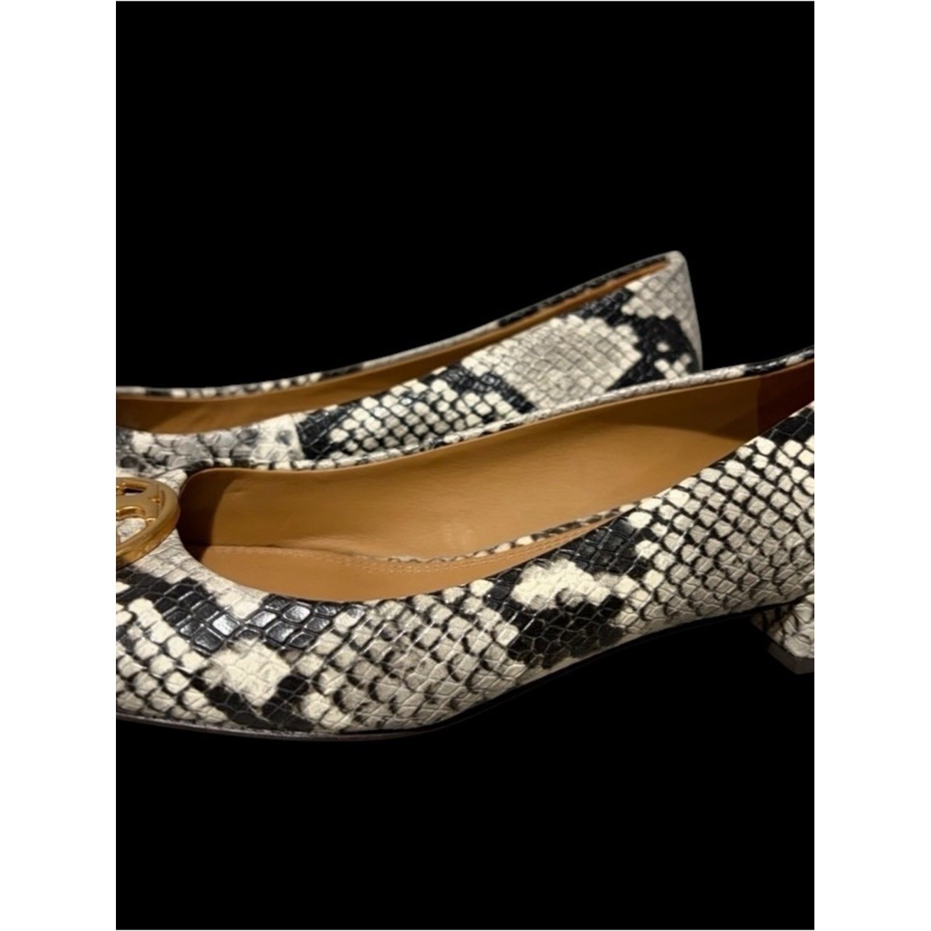 Tory Burch Chelsea Round-Toe Snakeskin-Embossed Leather Pumps.