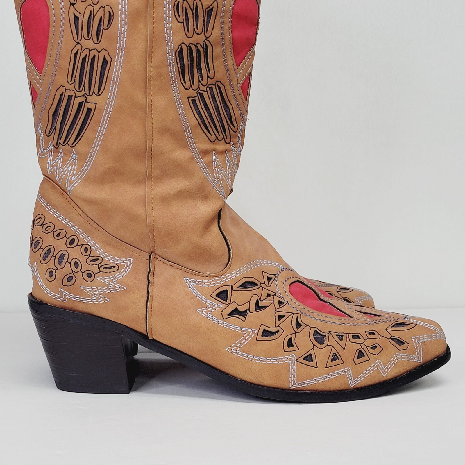 Womens Heart Angel Wing Cowgirl Boots 9.5 Cowgirl Western Faux Suede Brown Red