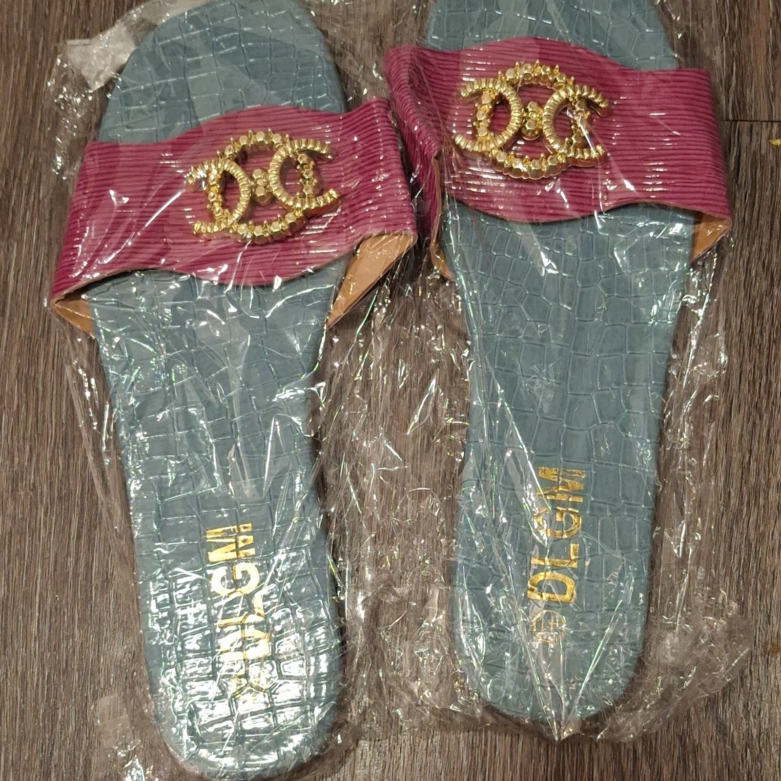 Dolce&Gabbana Blue Pink Crocodile Beaded Logo Slip On Sandals Women