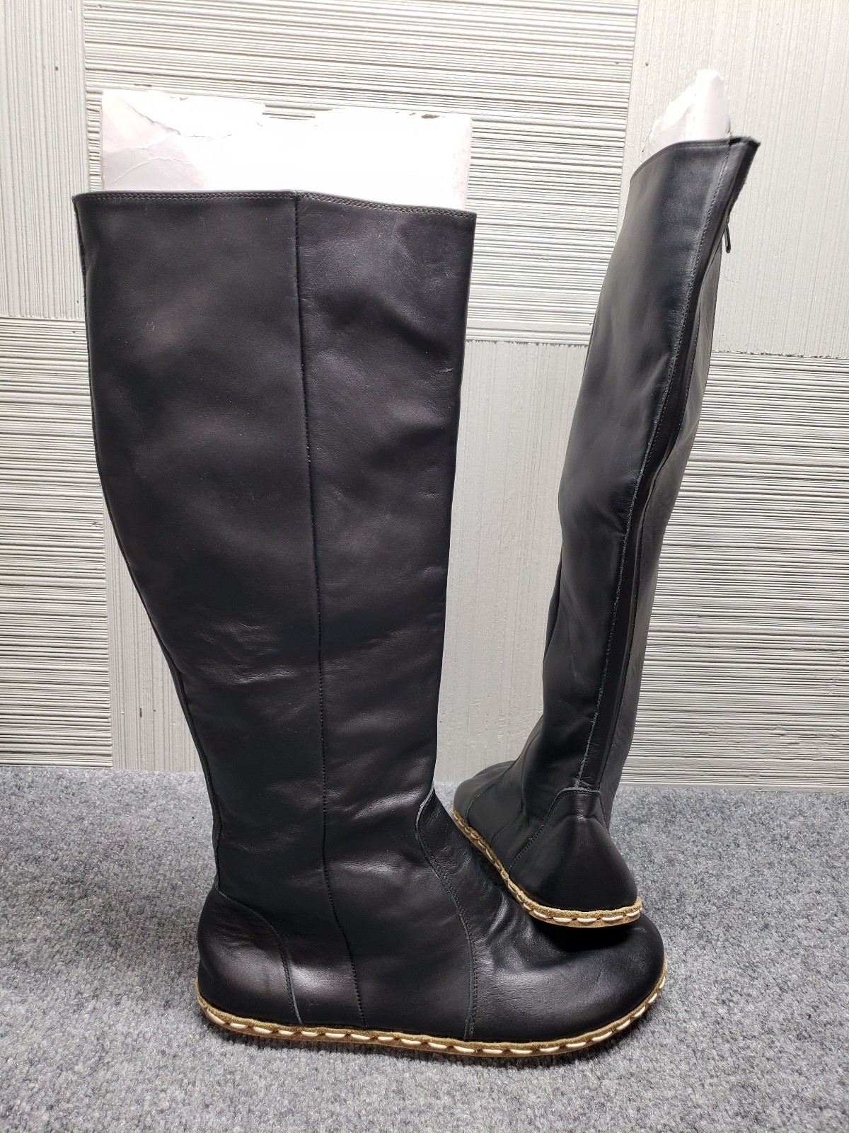 Atlantis Women Boots 13.5 Black Leather Side Zip Handmade High Knee Comfort Shoe