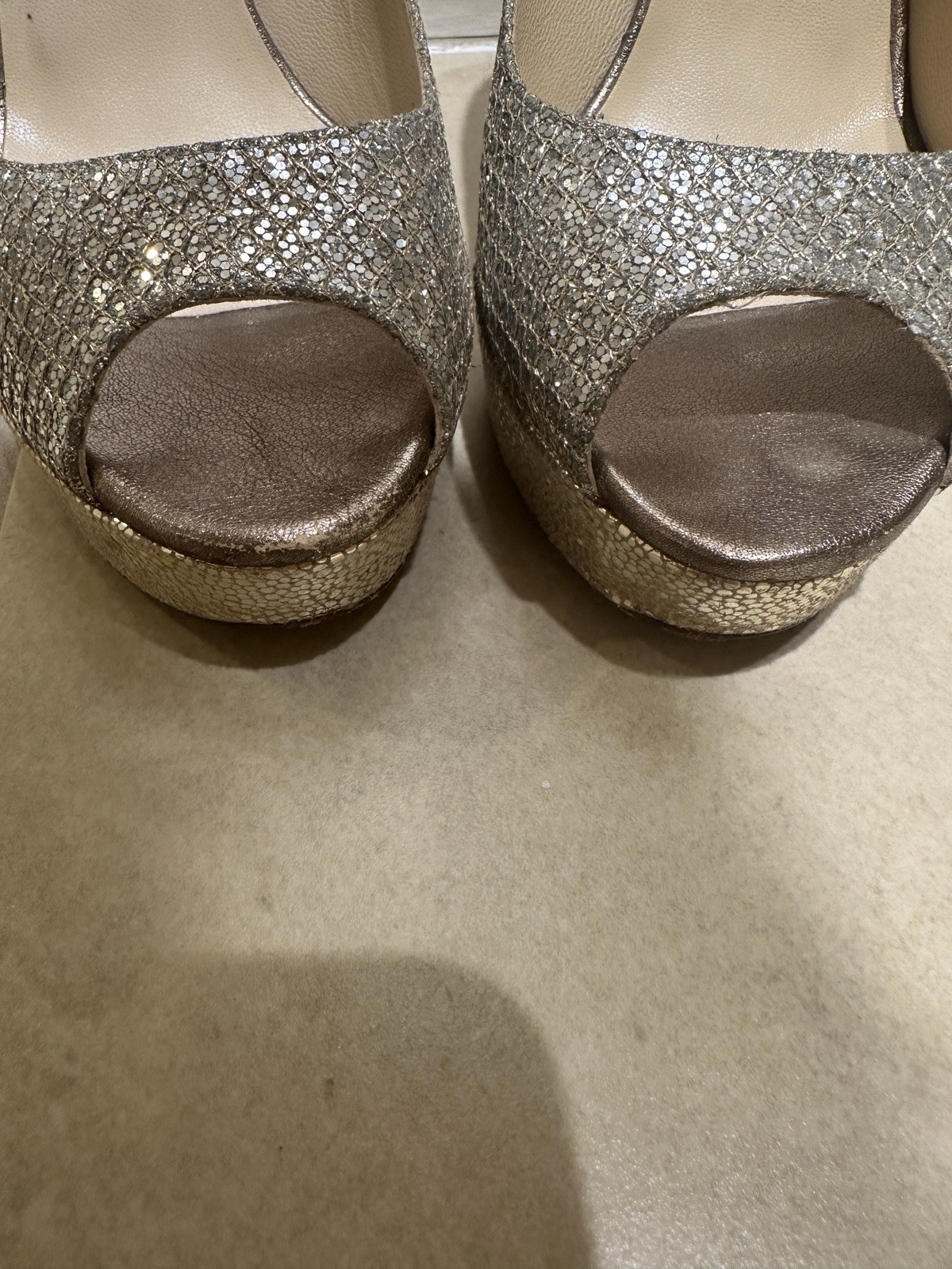 JIMMY CHOO SILVER GOLD SPARKLY PLATFORM Peep Toe HEELS 36.5