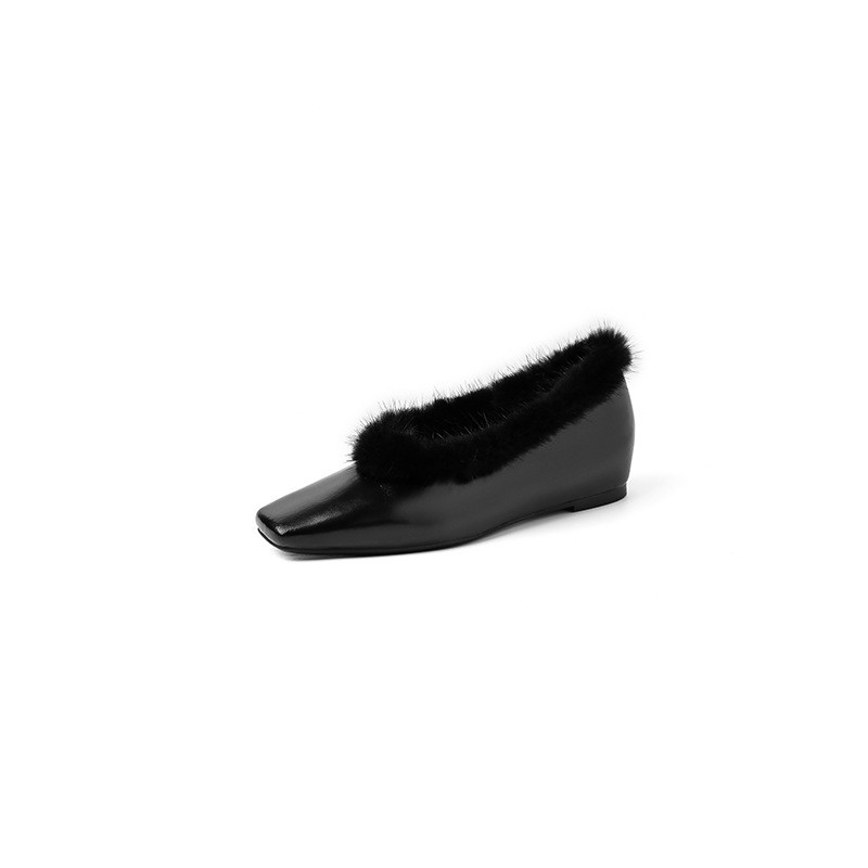 Women Square Toe Real Leather Leopard Print Mink Fur 3.5cm Low Hidden Heel Shoes