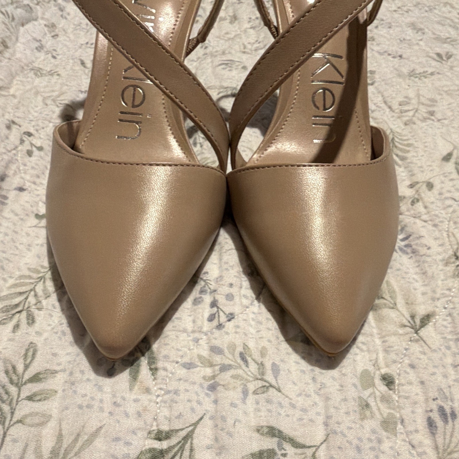 Calvin Klein Women’s Beige Faux Leather Strappy Pointed Toe Slingback Pumps