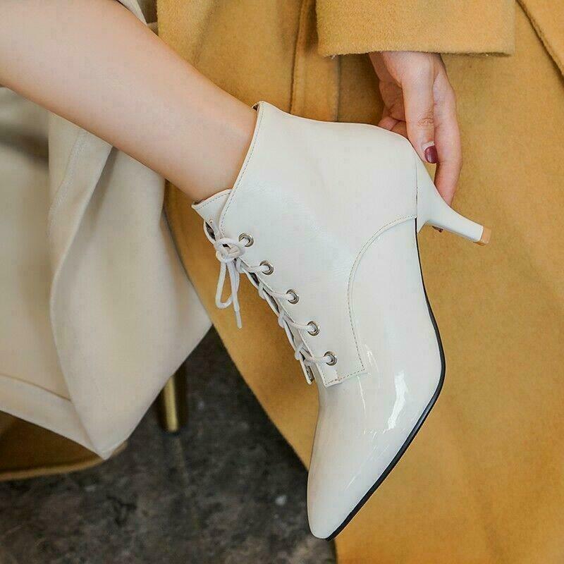 Splicing Women’s Faux Leather Ankle Boots Lace Up Shoes Kitten Heel Pointy Toe