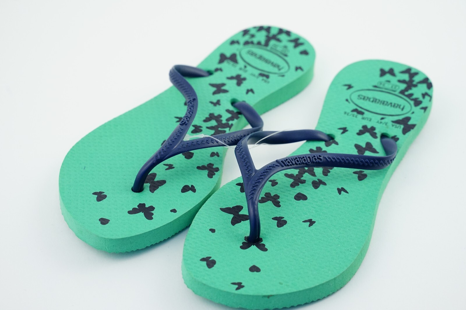 Blue/Green Butterfly Thin Straps Havaianas USA 3/4Y Sandals EUR 35/36 (33/34)
